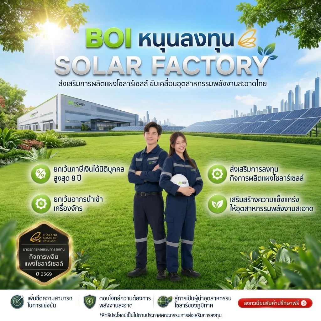 BOI หนุนลงทุน Solar Factory — ส่งเสริมการลงทุนกิจการผลิตแผงโซลาร์เซลล์ ยกเว้นภาษีเงินได้นิติบุคคลสูงสุด 8 ปี — EV Power Energy
